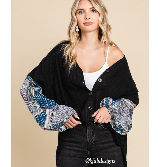 Tops - LAST 1! Boho Balloon Sleeve Black/Blue Waffle Knit Oversized Button Down Top